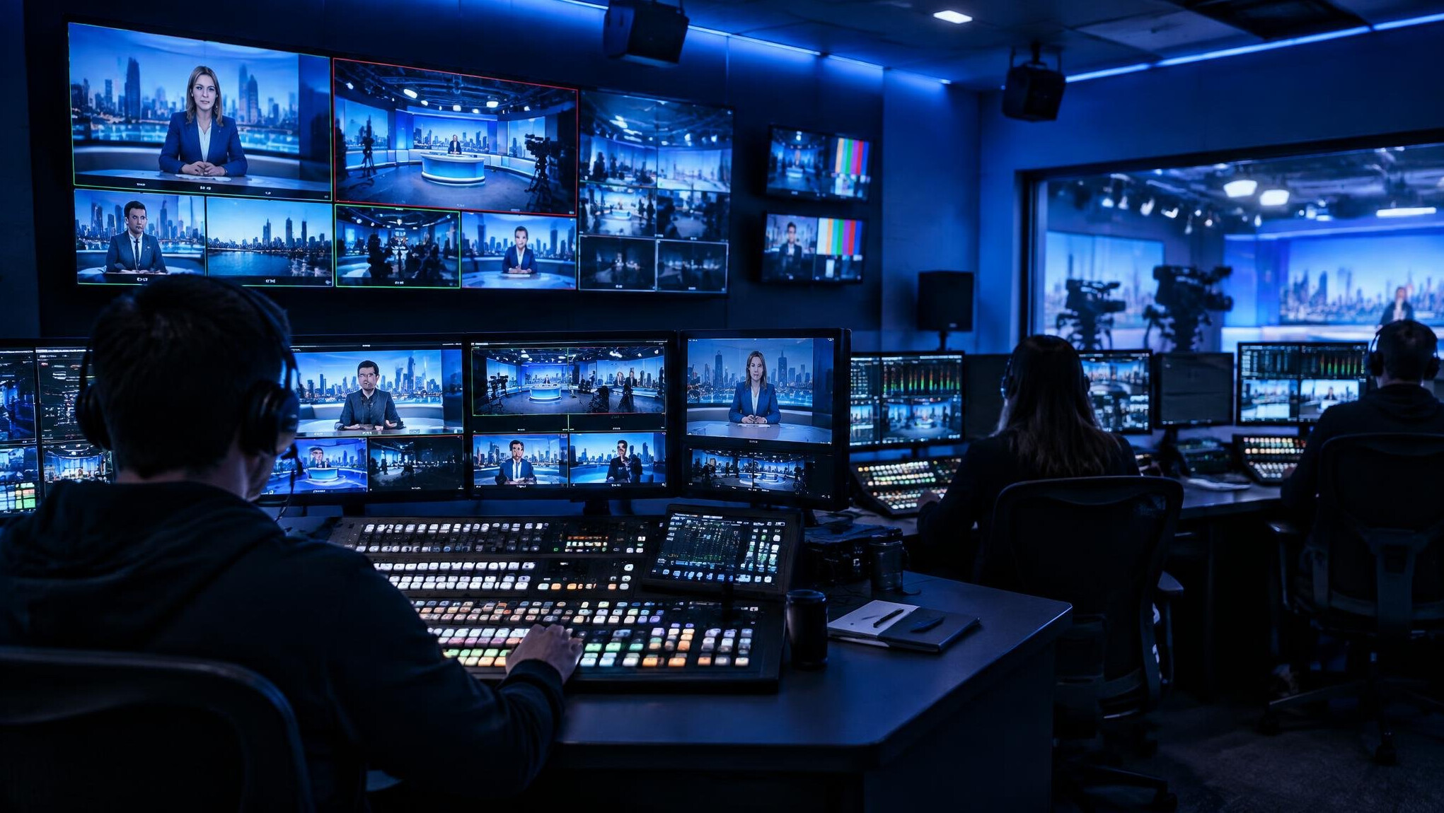 Wide view of a television studio control room with multiple monitors