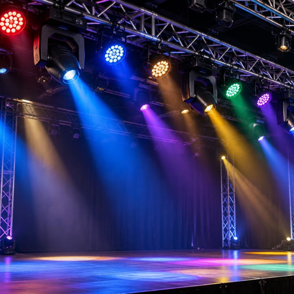 Stage lighting rig with coloured spotlights above a performance stage