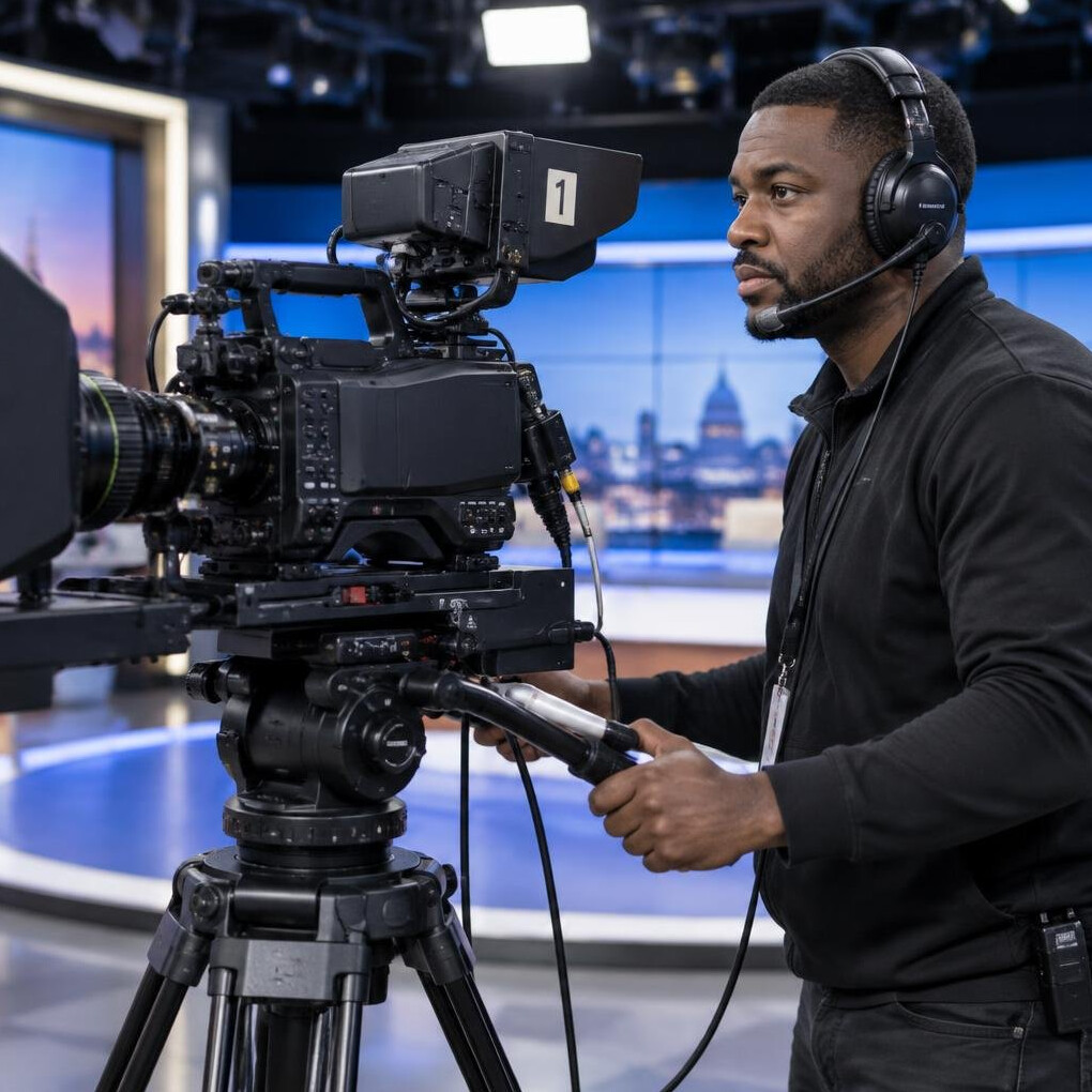 Camera operator filming with a professional broadcast camera on a studio set