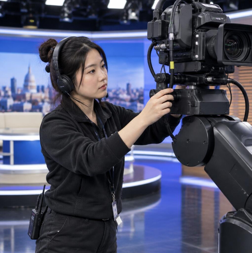 Camera operator adjusting a robotic studio camera arm