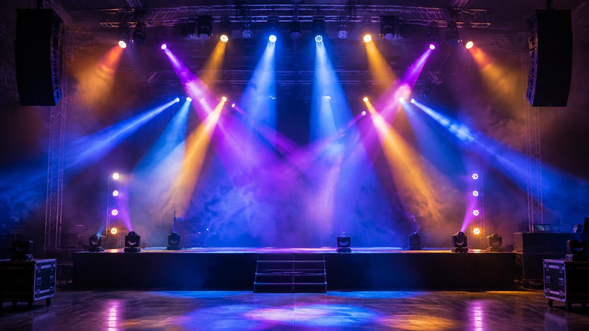 Colourful concert stage lighting beams cutting through haze