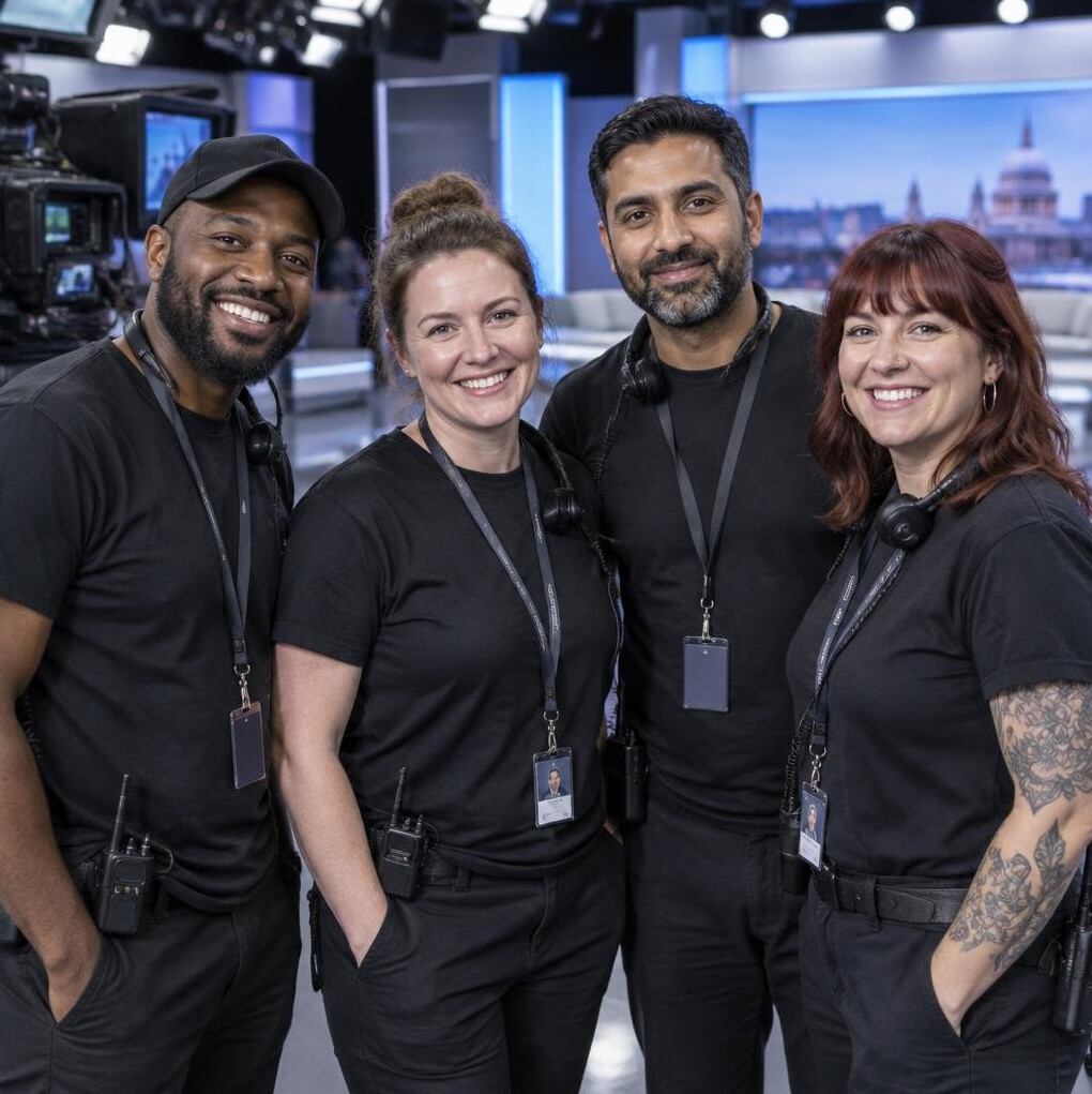 Group of production crew members standing together on a studio set