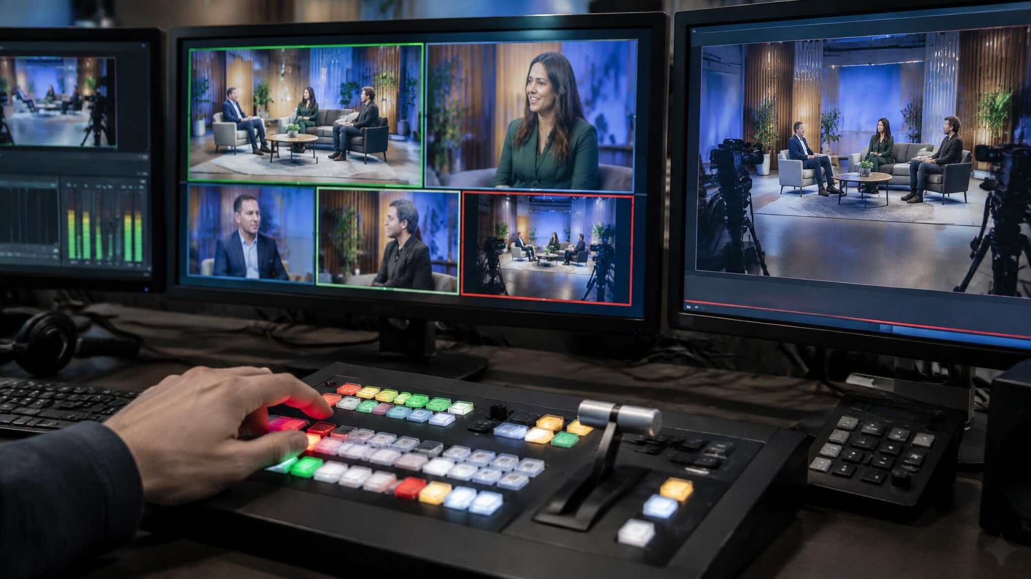 Production crew reviewing a multi-camera video feed on monitors