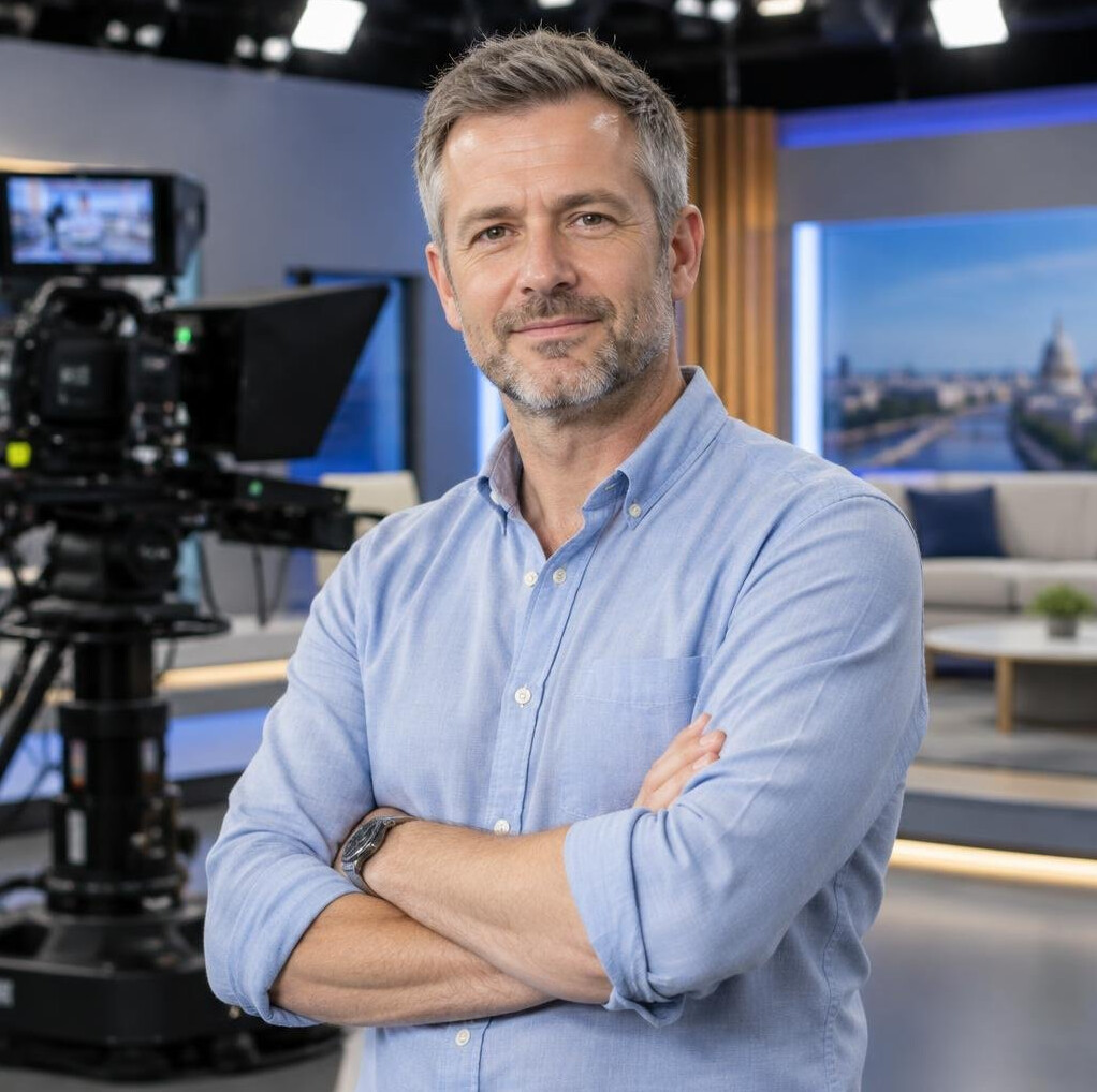 Portrait of a lead director smiling in a television studio