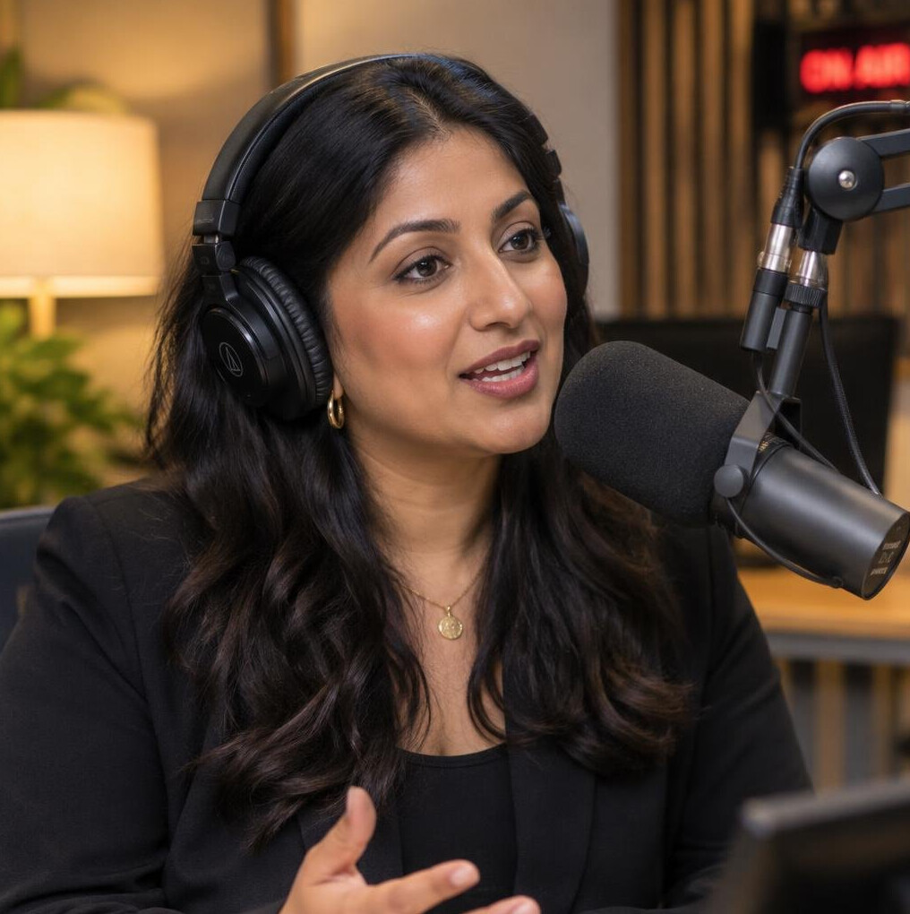 Presenter speaking into a studio microphone during a live recording