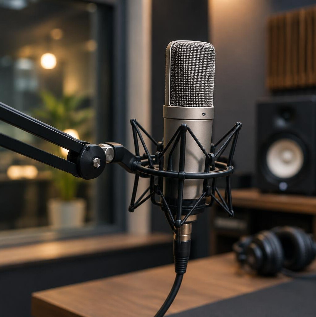 Close-up of a professional condenser microphone in a recording studio