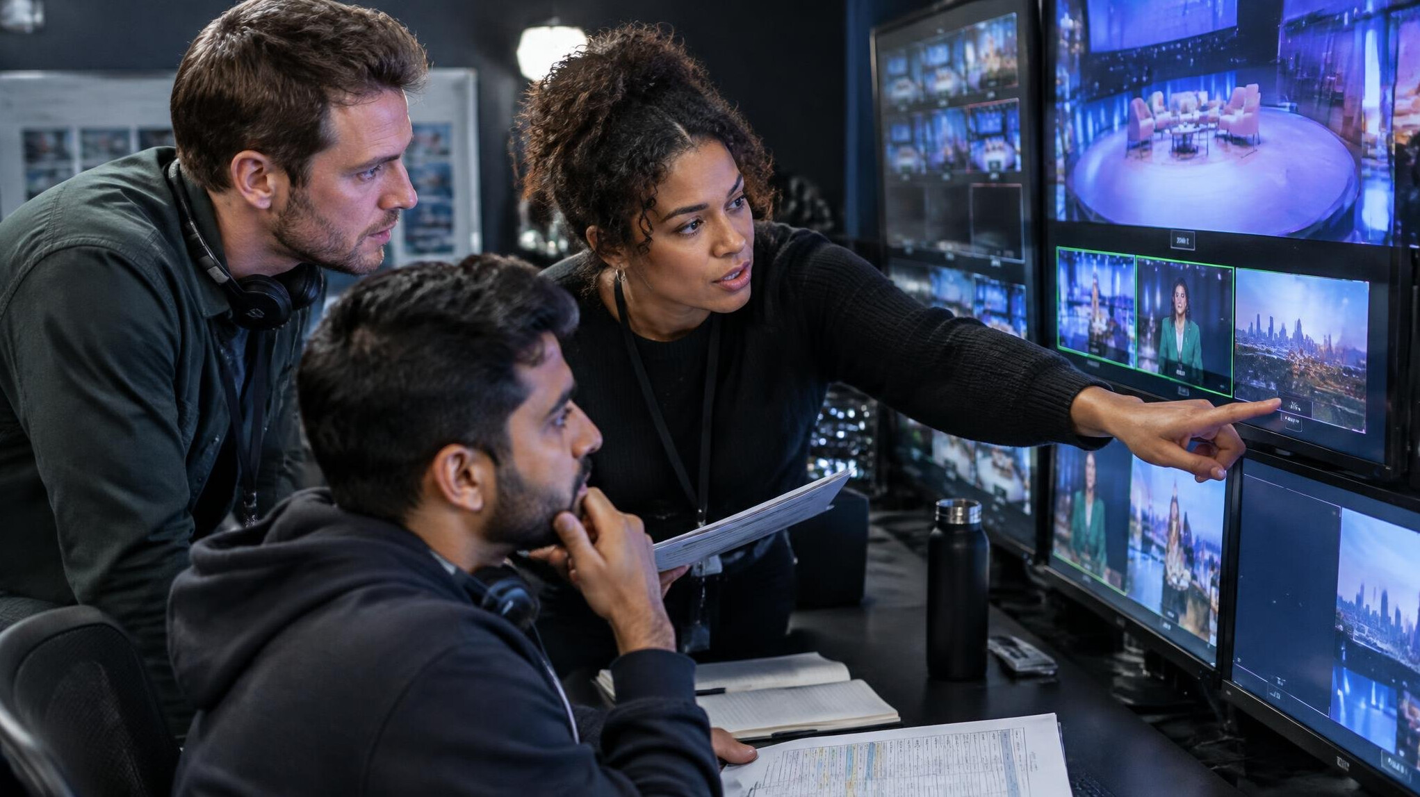 Production team planning a show around a monitor wall