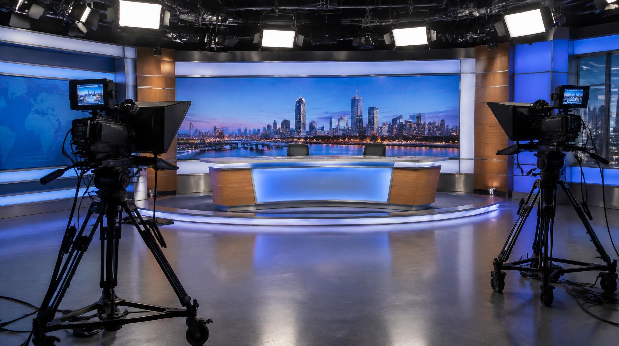 Empty television studio set with cameras and lighting rigged for a show