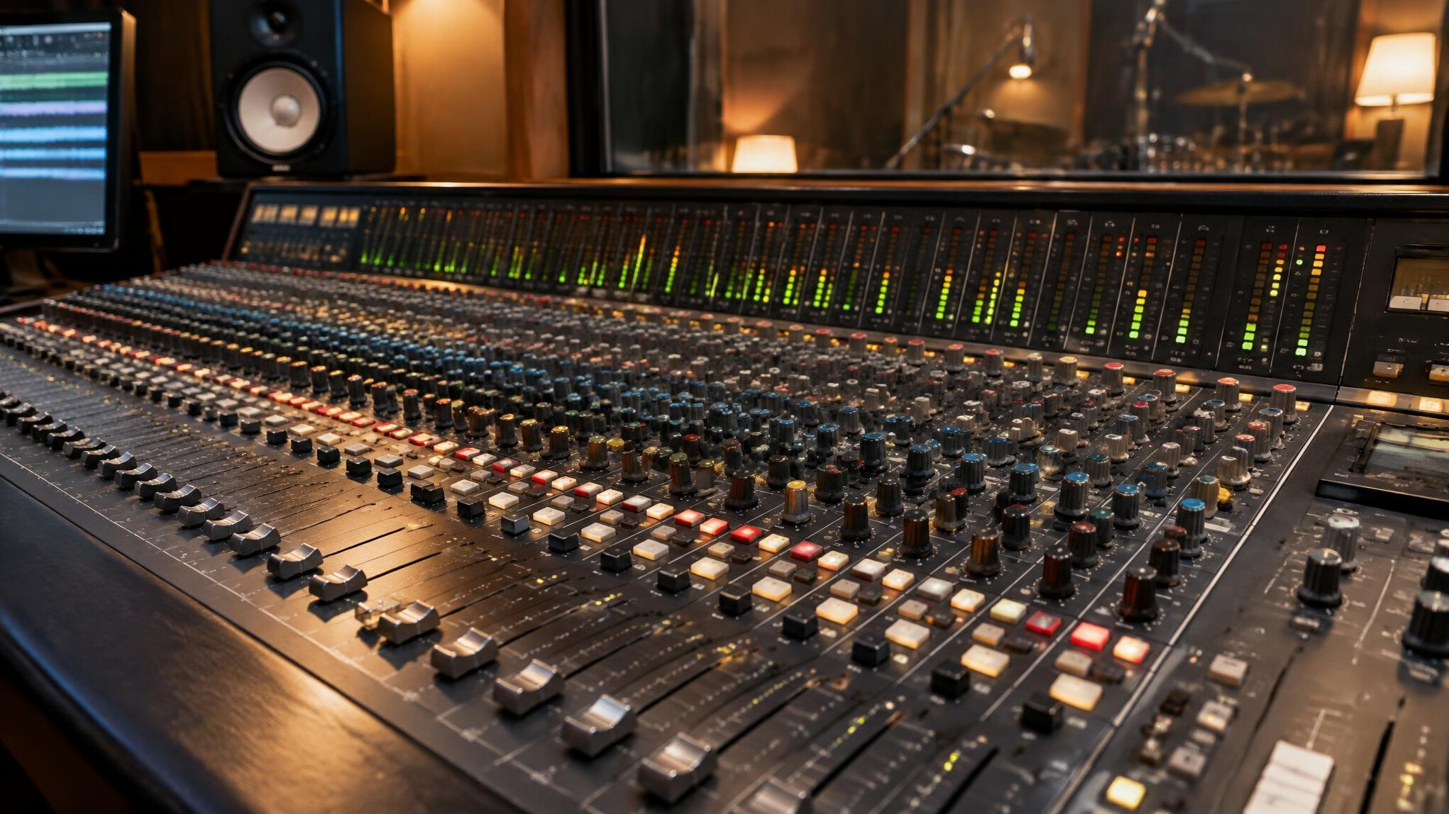 Audio mixing console with sliders and knobs in a sound booth